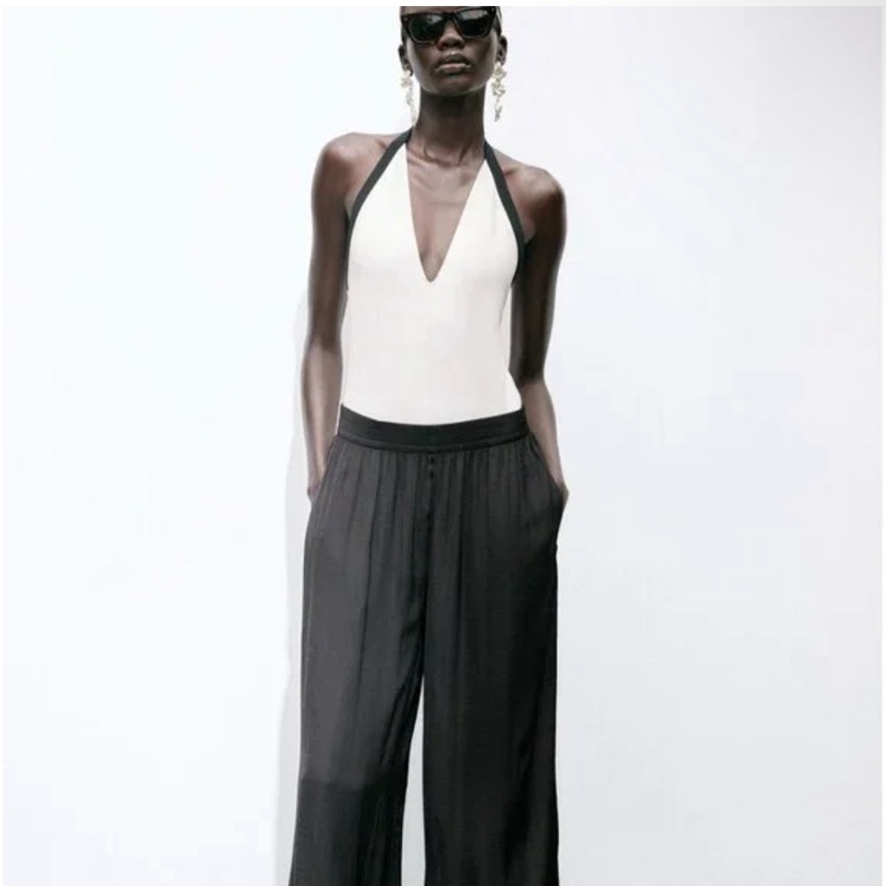 Zara White Halter Bodysuit with Black Neck Trim